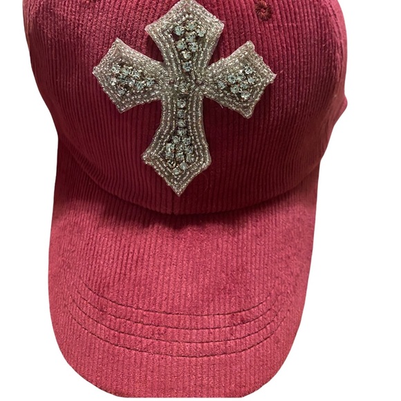 New burgundy corduroy fashion baseball cap with Bling cross - Picture 1 of 3